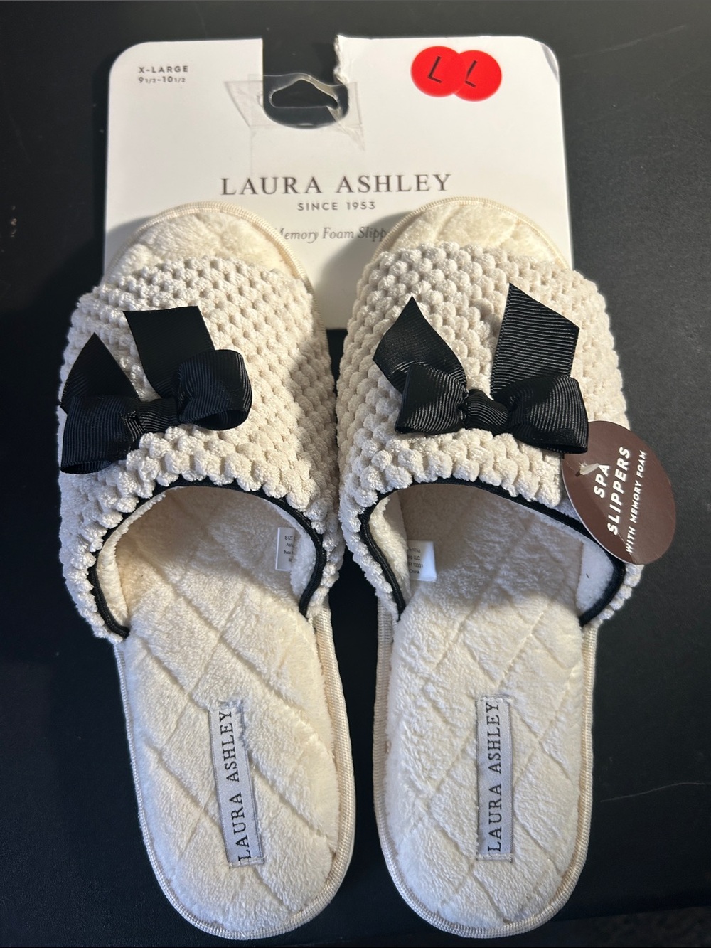 Laura Ashley Cream Knit Spa Slide Slippers with Black Bow